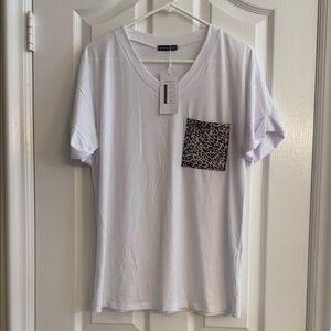 White T-Shirt with Leopard Print Pocket